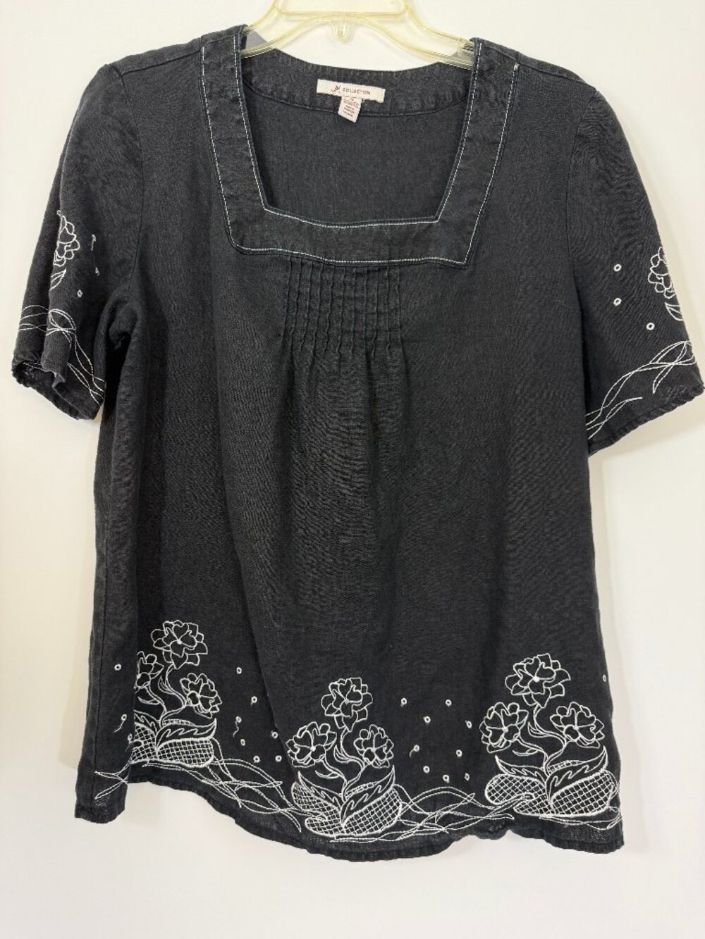 JM Collection 100% Linen Blouse Sz 10 Black White Floral Embroidered Square Neck
